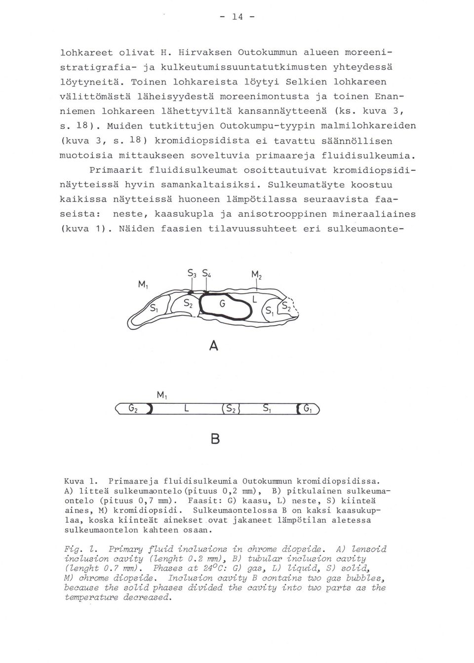 Muiden tutkittujen Outokumpu-tyypin ma1mi1ohkareiden (kuva 3, s. 18) kromidiopsidista ei tavattu säännö11isen muotoisia mittaukseen sove1tuvia primaareja f1uidisu1keumia.