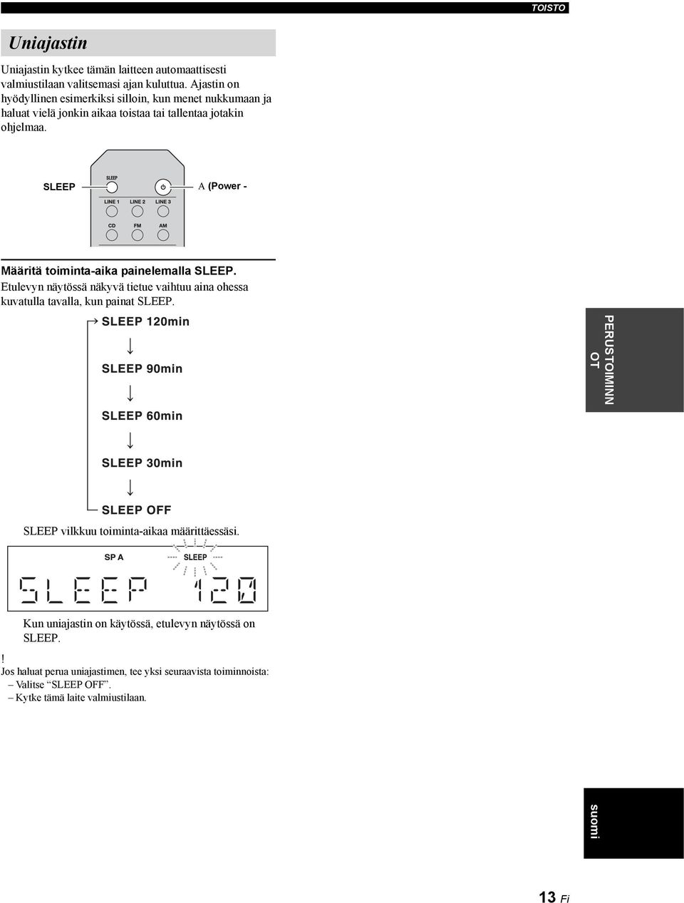 SLEEP A (Power - Määritä toiminta-aika painelemalla SLEEP. Etulevyn näytössä näkyvä tietue vaihtuu aina ohessa kuvatulla tavalla, kun painat SLEEP.