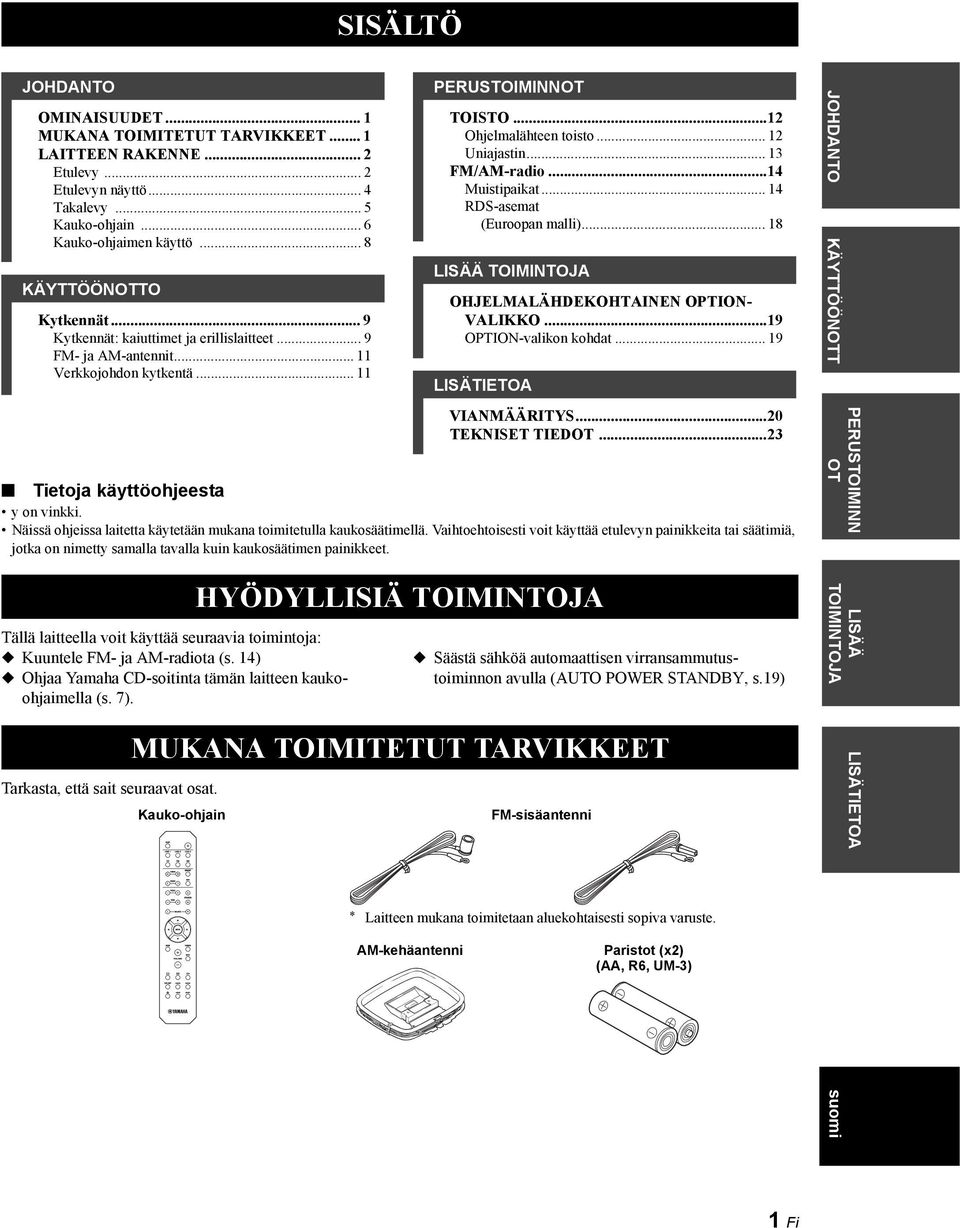 .. 13 FM/AM-radio...14 Muistipaikat... 14 RDS-asemat (Euroopan malli)... 18 LISÄÄ TOIMINTOJA OHJELMALÄHDEKOHTAINEN OPTION- VALIKKO...19 OPTION-valikon kohdat... 19 LISÄTIETOA VIANMÄÄRITYS.