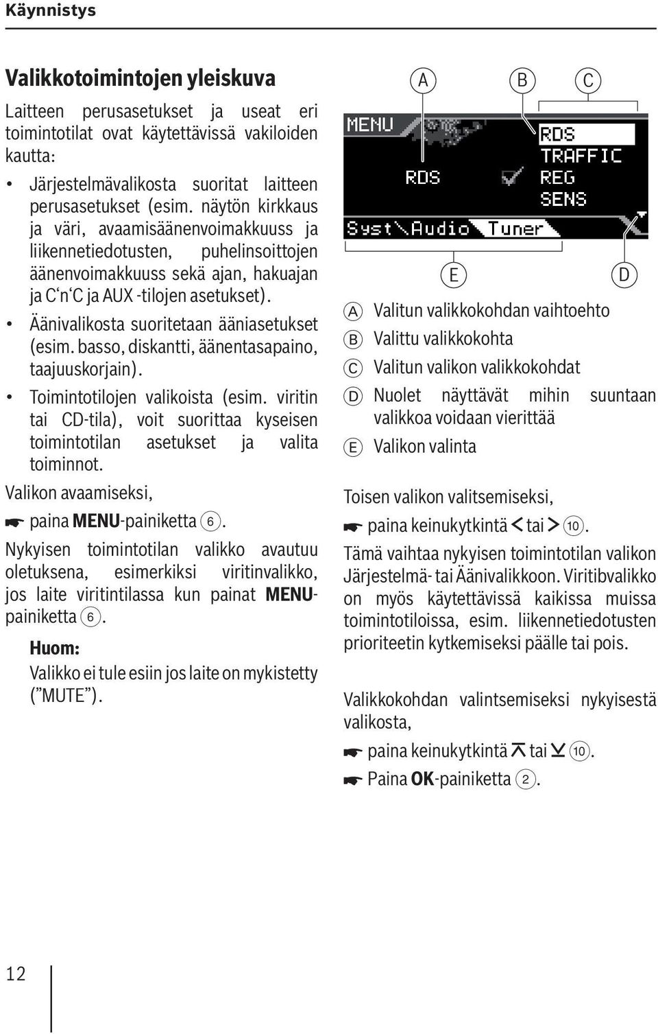 Äänivalikosta suoritetaan ääniasetukset (esim. basso, diskantti, äänentasapaino, taajuuskorjain). Toimintotilojen valikoista (esim.