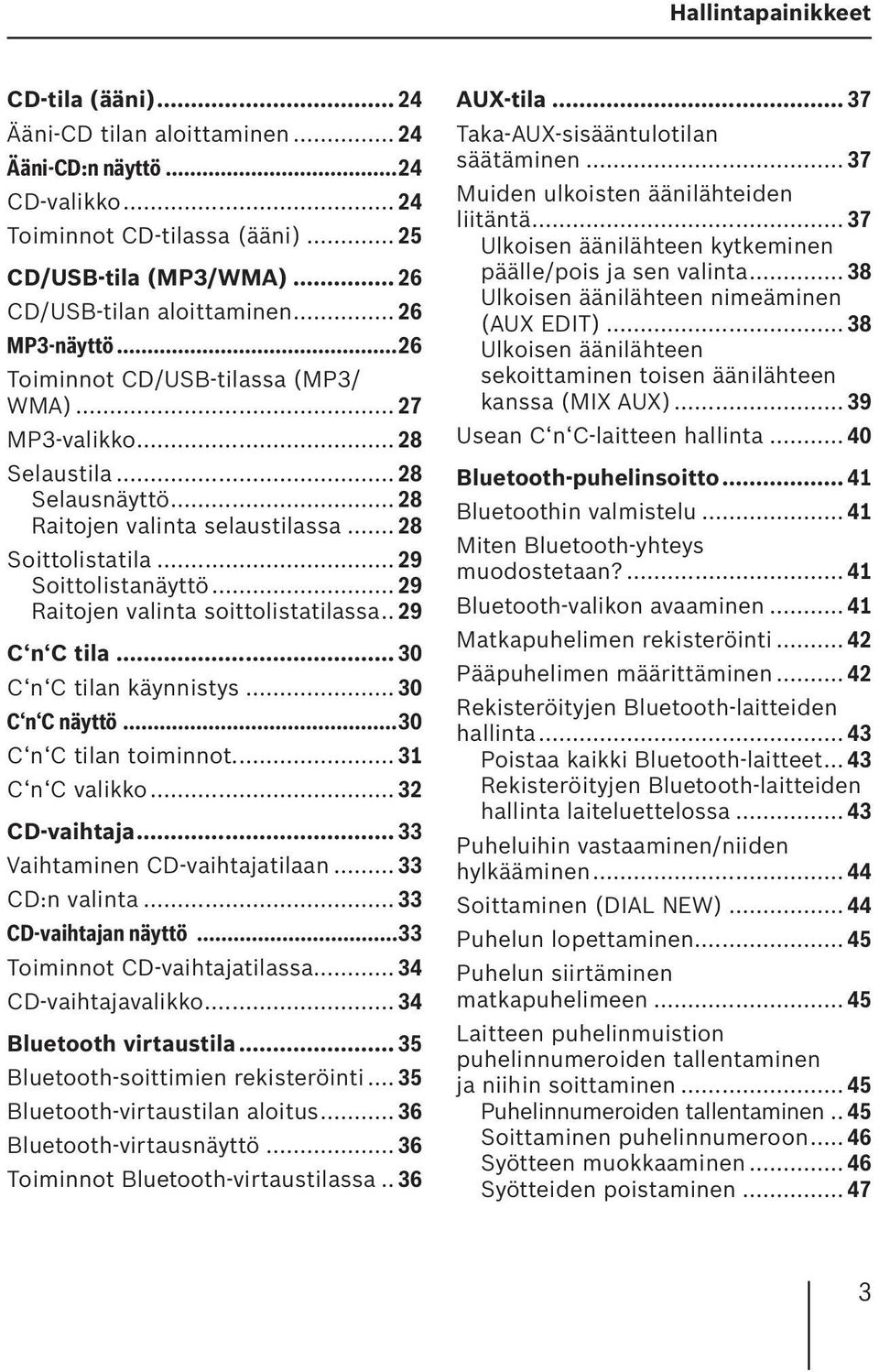 .. 29 Raitojen valinta soittolistatilassa.. 29 C n C tila... 30 C n C tilan käynnistys... 30 C n C näyttö...30 C n C tilan toiminnot... 31 C n C valikko... 32 CD-vaihtaja.