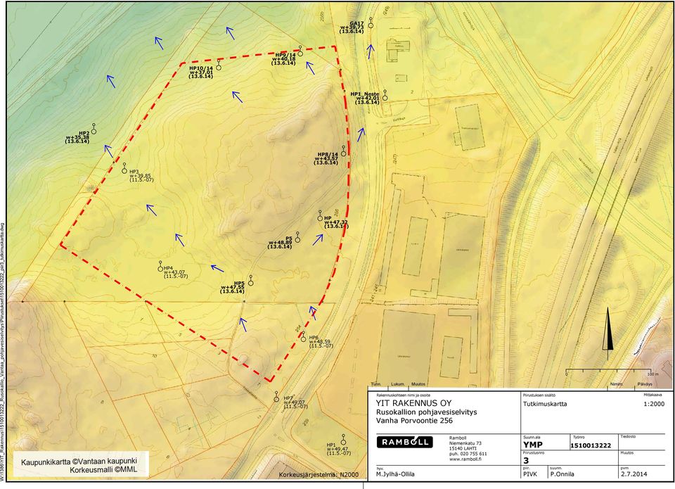 Päiväys Rakennuskohteen nimi ja osoite Piirustuksen sisältö Mittakaava YIT RAKENNUS OY Tutkimuskartta 1:2000 Rusokallion pohjavesiselvitys Vanha Porvoontie 256 Ramboll Niemenkatu 73 15140 LAHTI puh.
