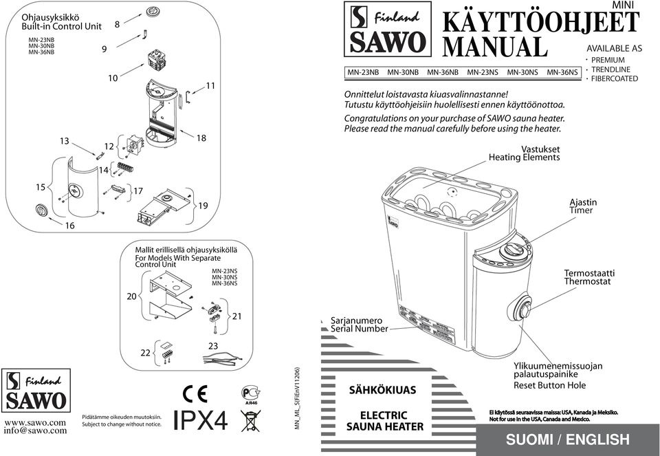 MINI KÄYTTÖOHJEET MANUAL MN-NB MN-0NB MN-NB MN-NS MN-0NS MN-NS Vastukset Heating Elements AVAILABLE AS PREMIUM TRENDLINE FIBERCOATED 15 17 19 Ajastin Timer 1 Mallit erillisellä ohjausyksiköllä For