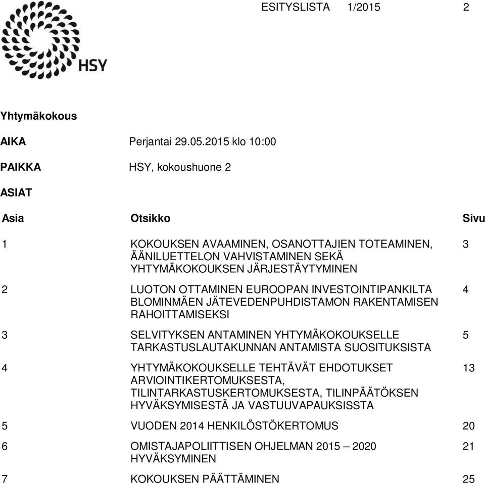 JÄRJESTÄYTYMINEN 2 LUOTON OTTAMINEN EUROOPAN INVESTOINTIPANKILTA BLOMINMÄEN JÄTEVEDENPUHDISTAMON RAKENTAMISEN RAHOITTAMISEKSI 3 SELVITYKSEN ANTAMINEN YHTYMÄKOKOUKSELLE