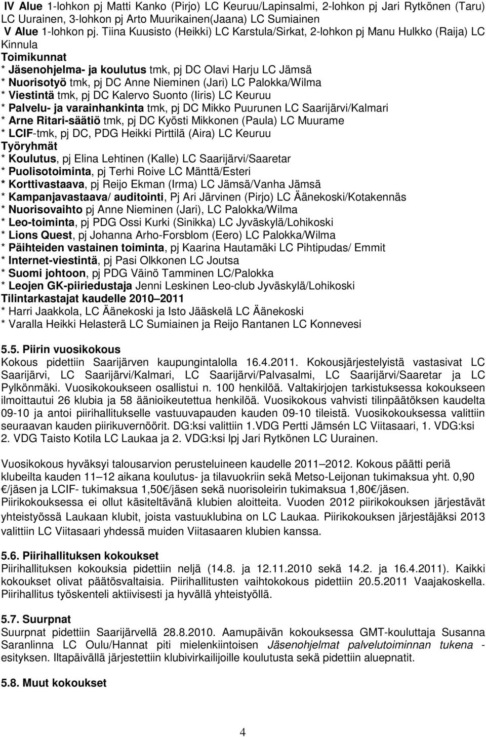 (Jari) LC Palokka/Wilma * Viestintä tmk, pj DC Kalervo Suonto (Iiris) LC Keuruu * Palvelu- ja varainhankinta tmk, pj DC Mikko Puurunen LC Saarijärvi/Kalmari * Arne Ritari-säätiö tmk, pj DC Kyösti