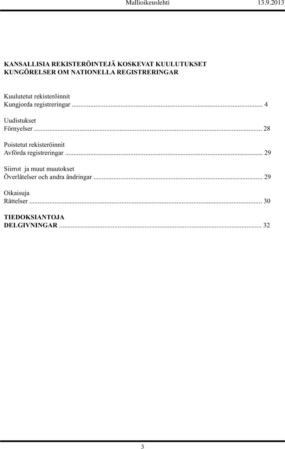 .. 4 Uudistukset Förnyelser... 28 Poistetut rekisteröinnit Avförda registreringar.