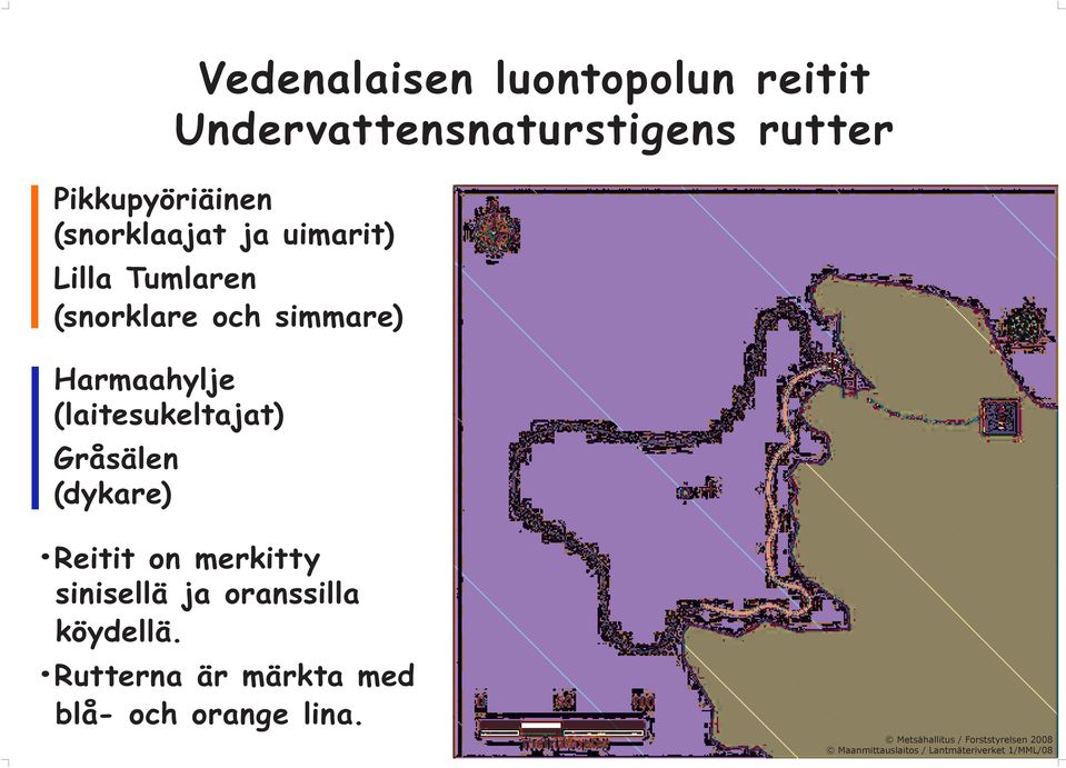 (dykare) Reitit on merkitty sinisellä ja oranssilla köydellä.