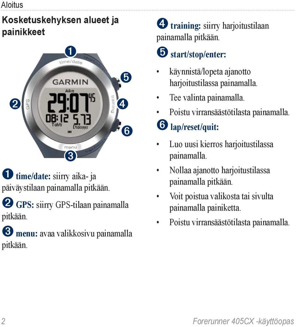 ➎ start/stop/enter: käynnistä/lopeta ajanotto harjoitustilassa painamalla. Tee valinta painamalla. Poistu virransäästötilasta painamalla.