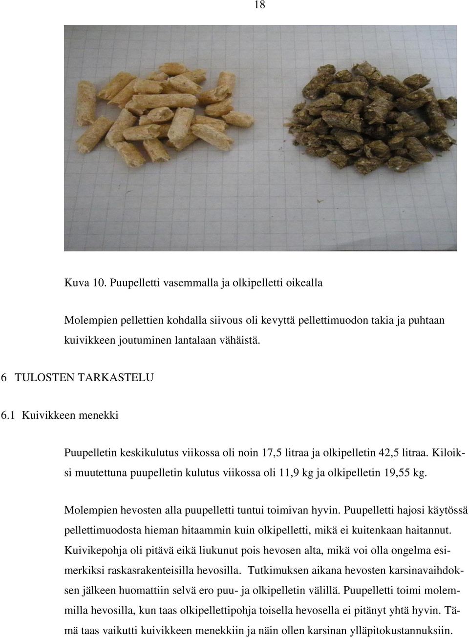 Kiloiksi muutettuna puupelletin kulutus viikossa oli 11,9 kg ja olkipelletin 19,55 kg. Molempien hevosten alla puupelletti tuntui toimivan hyvin.