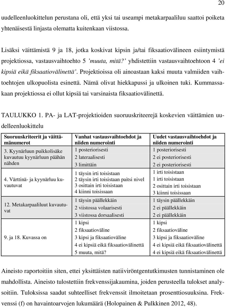 yhdistettiin vastausvaihtoehtoon 4 ei kipsiä eikä fiksaatiovälinettä. Projektioissa oli ainoastaan kaksi muuta valmiiden vaihtoehtojen ulkopuolista esinettä. Nämä olivat hiekkapussi ja ulkoinen tuki.