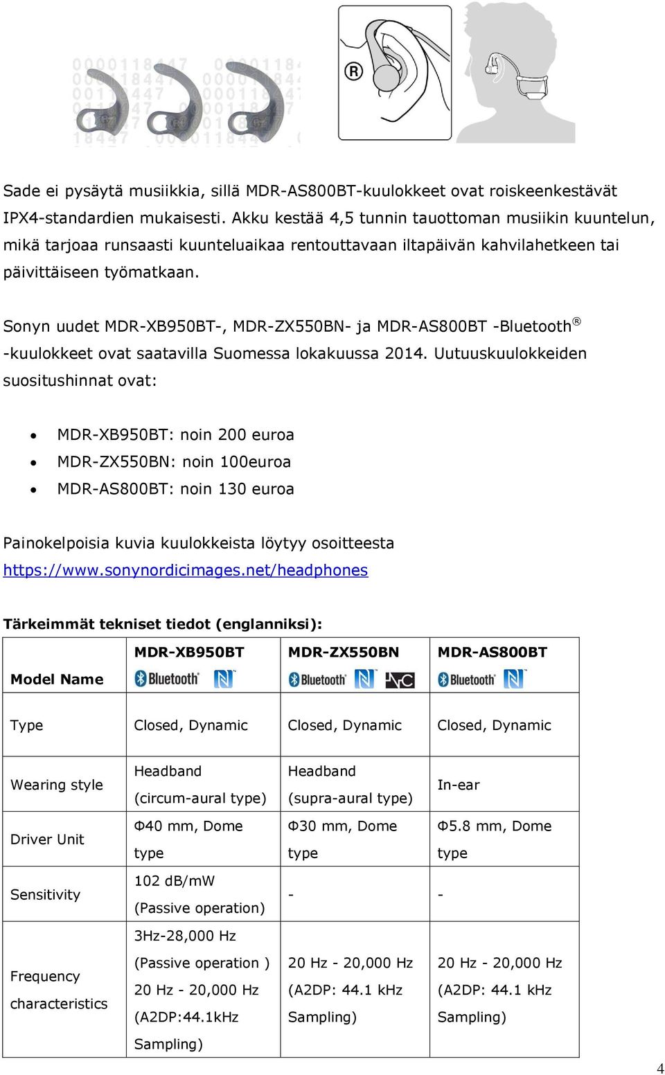 Sonyn uudet MDR-XB950BT-, MDR-ZX550BN- ja MDR-AS800BT -Bluetooth -kuulokkeet ovat saatavilla Suomessa lokakuussa 2014.