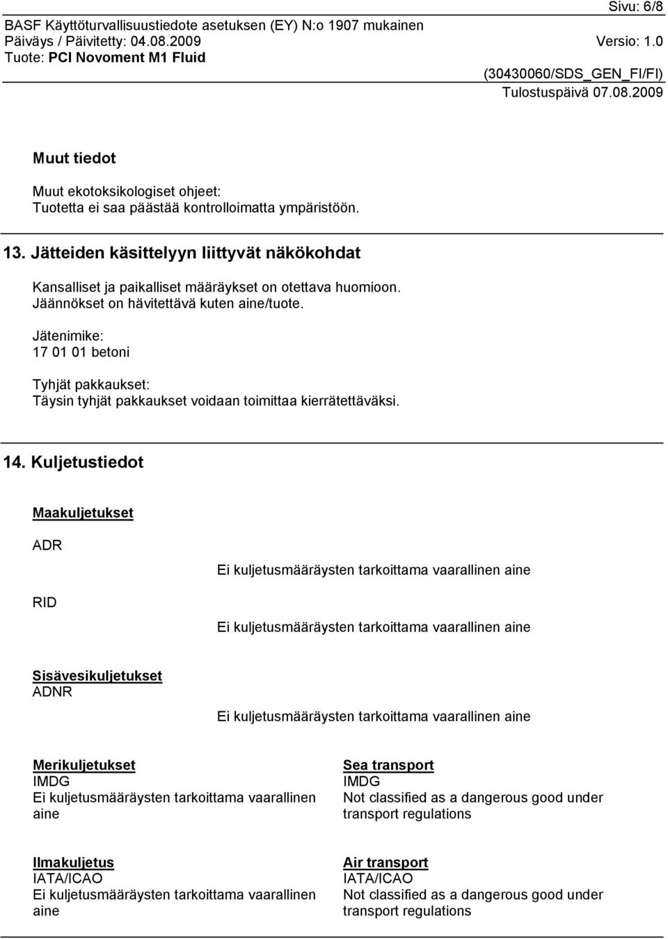 Jätenimike: 17 01 01 betoni Tyhjät pakkaukset: Täysin tyhjät pakkaukset voidaan toimittaa kierrätettäväksi. 14.