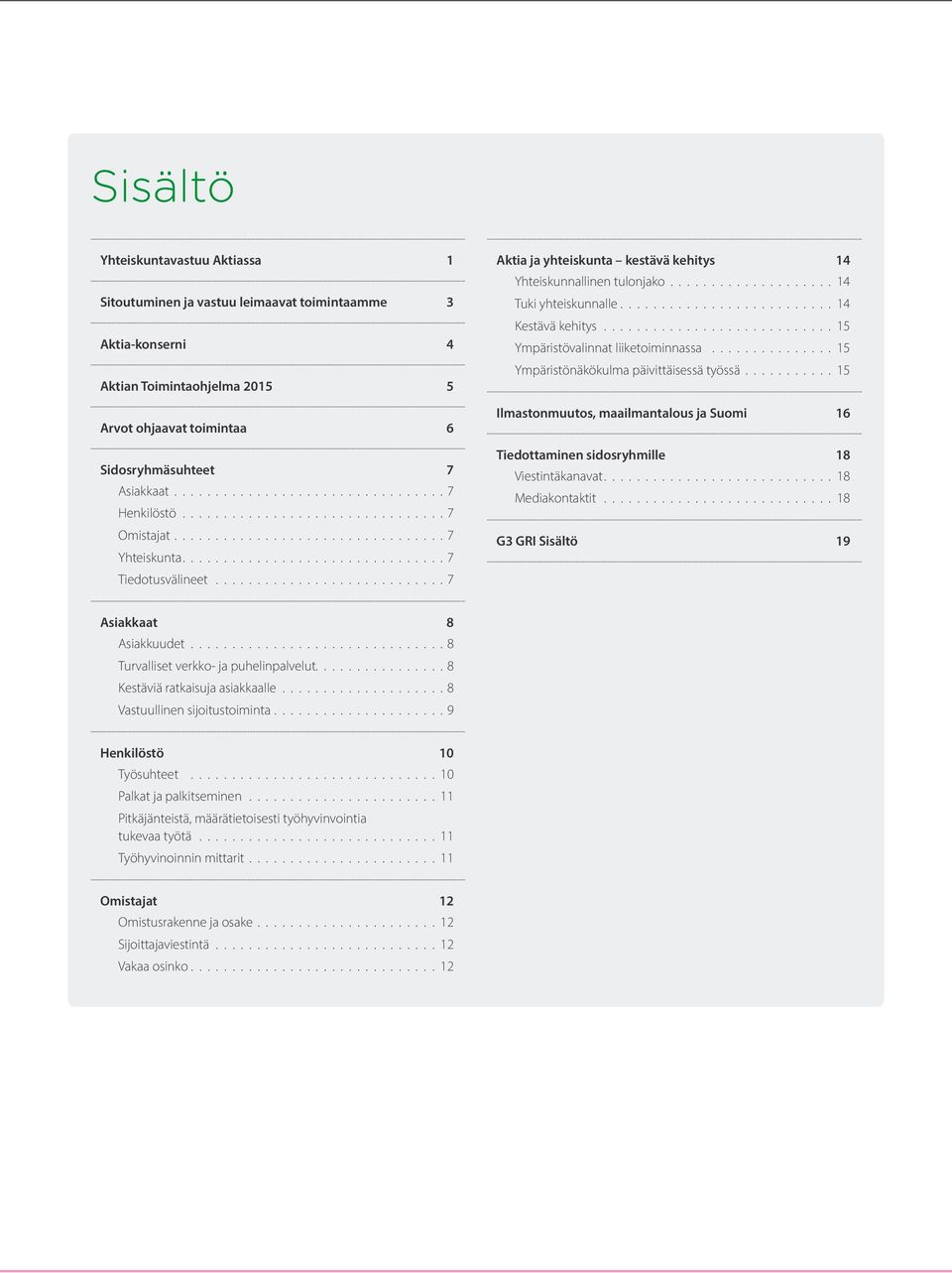 15 Ympäristövalinnat liiketoiminnassa. 15 Ympäristönäkökulma päivittäisessä työssä. 15 Ilmastonmuutos, maailmantalous ja Suomi 16 Tiedottaminen sidosryhmille 18 Viestintäkanavat.