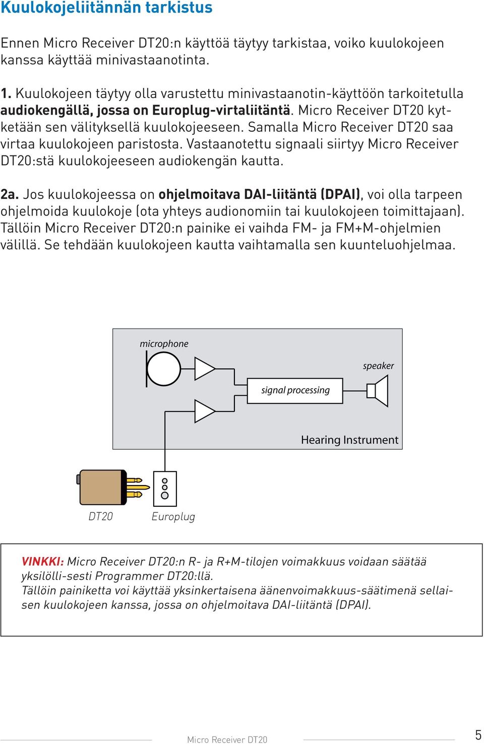 Samalla Micro Receiver DT20 saa virtaa kuulokojeen paristosta. Vastaanotettu signaali siirtyy Micro Receiver DT20:stä kuulokojeeseen audiokengän kautta. 2a.