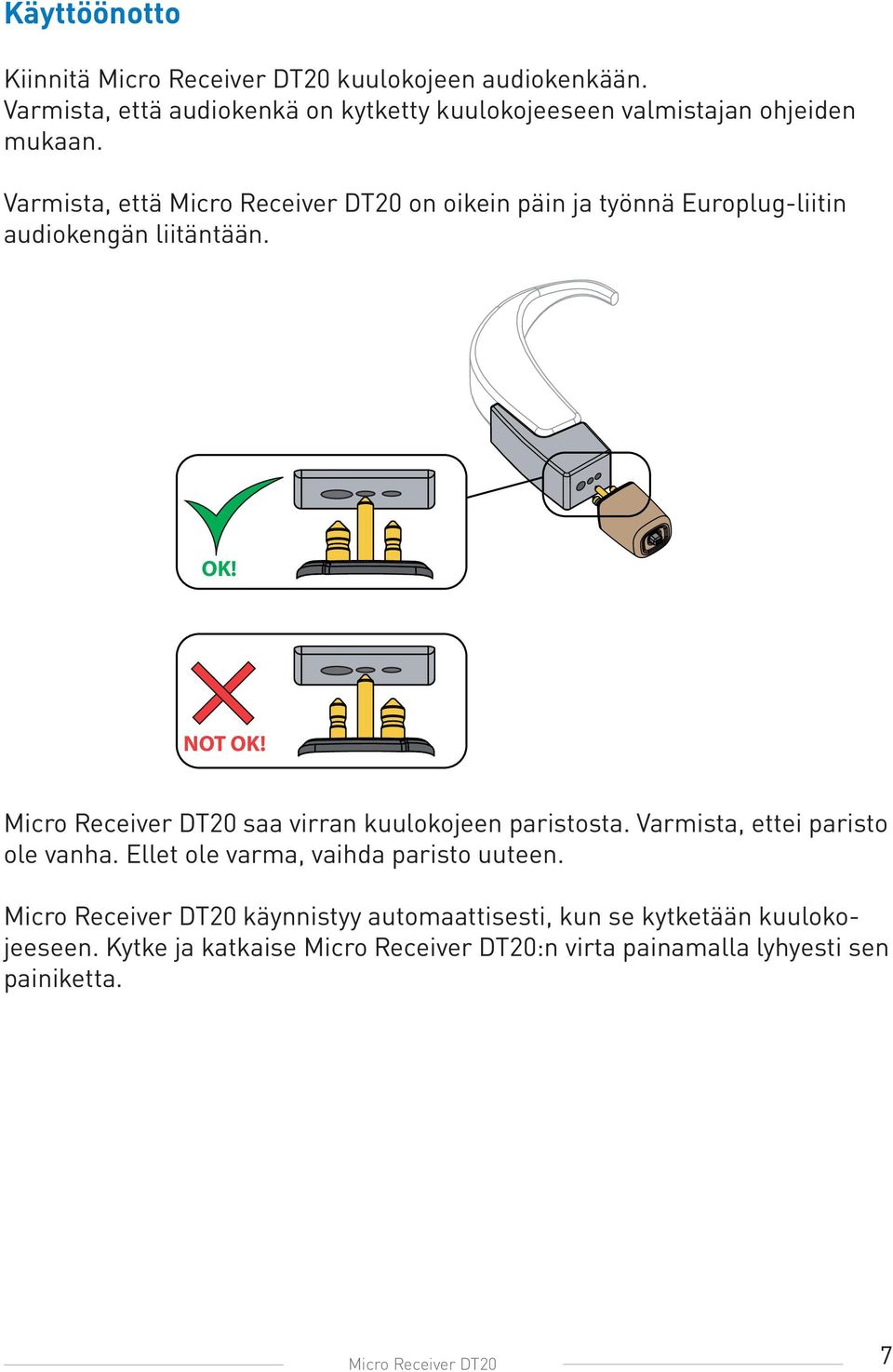 Varmista, että Micro Receiver DT20 on oikein päin ja työnnä Europlug-liitin audiokengän liitäntään. OK! NOT OK!