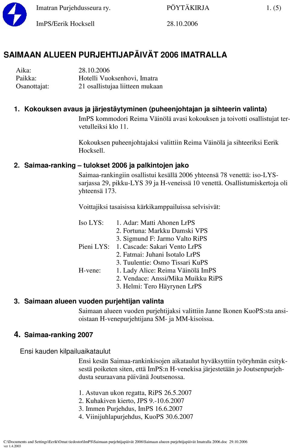 Kokouksen puheenjohtajaksi valittiin Reima Väinölä ja sihteeriksi Eerik Hocksell. 2.