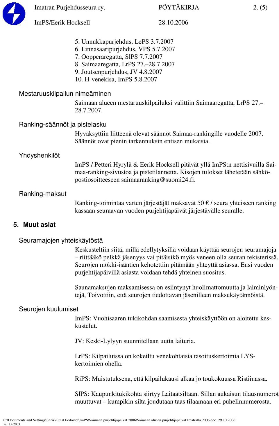 Säännöt ovat pienin tarkennuksin entisen mukaisia. Yhdyshenkilöt Ranking-maksut ImPS / Petteri Hyrylä & Eerik Hocksell pitävät yllä ImPS:n nettisivuilla Saimaa-ranking-sivustoa ja pistetilannetta.