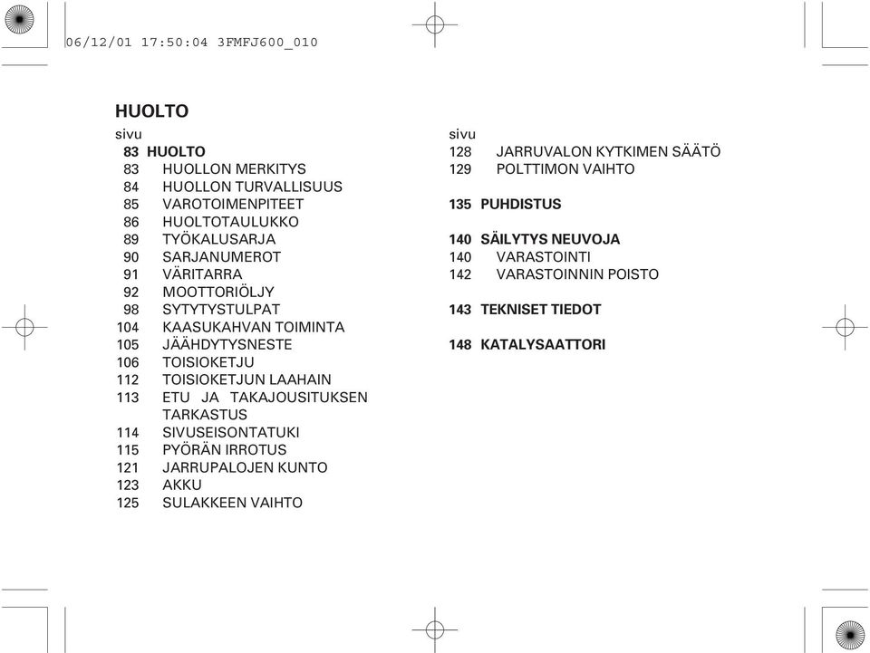 TOISIOKETJU TOISIOKETJUN LAAHAIN ETU JA TAKAJOUSITUKSEN TARKASTUS SIVUSEISONTATUKI PYÖRÄN IRROTUS JARRUPALOJEN KUNTO AKKU SULAKKEEN VAIHTO sivu 128