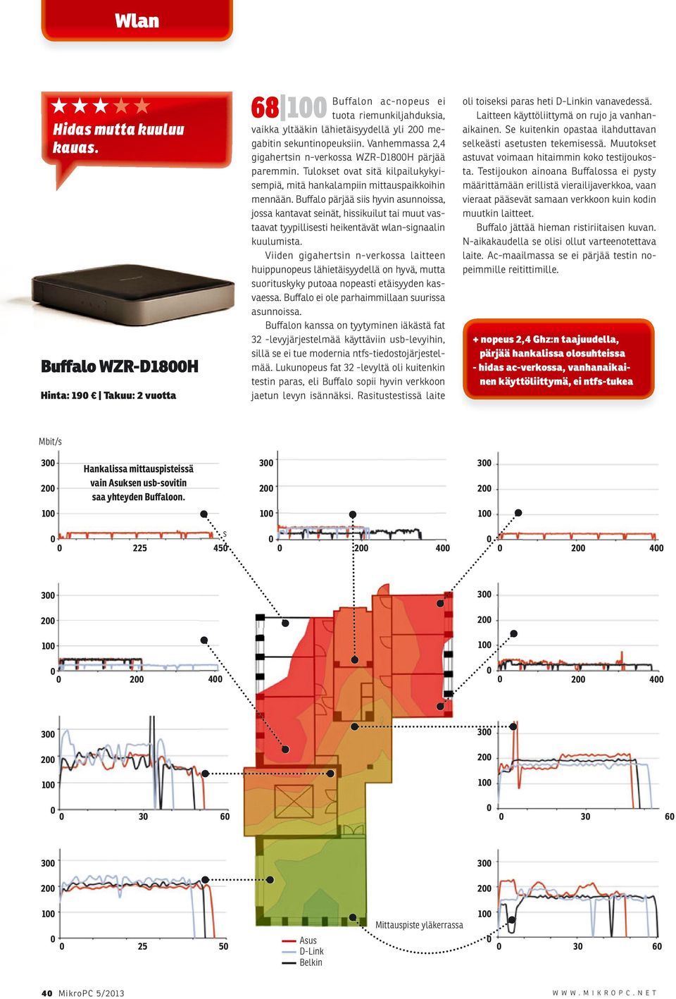 Buffalo pärjää siis hyvin asunnoissa, jossa kantavat seinät, hissikuilut tai muut vastaavat tyypillisesti heikentävät wlan-signaalin kuulumista.