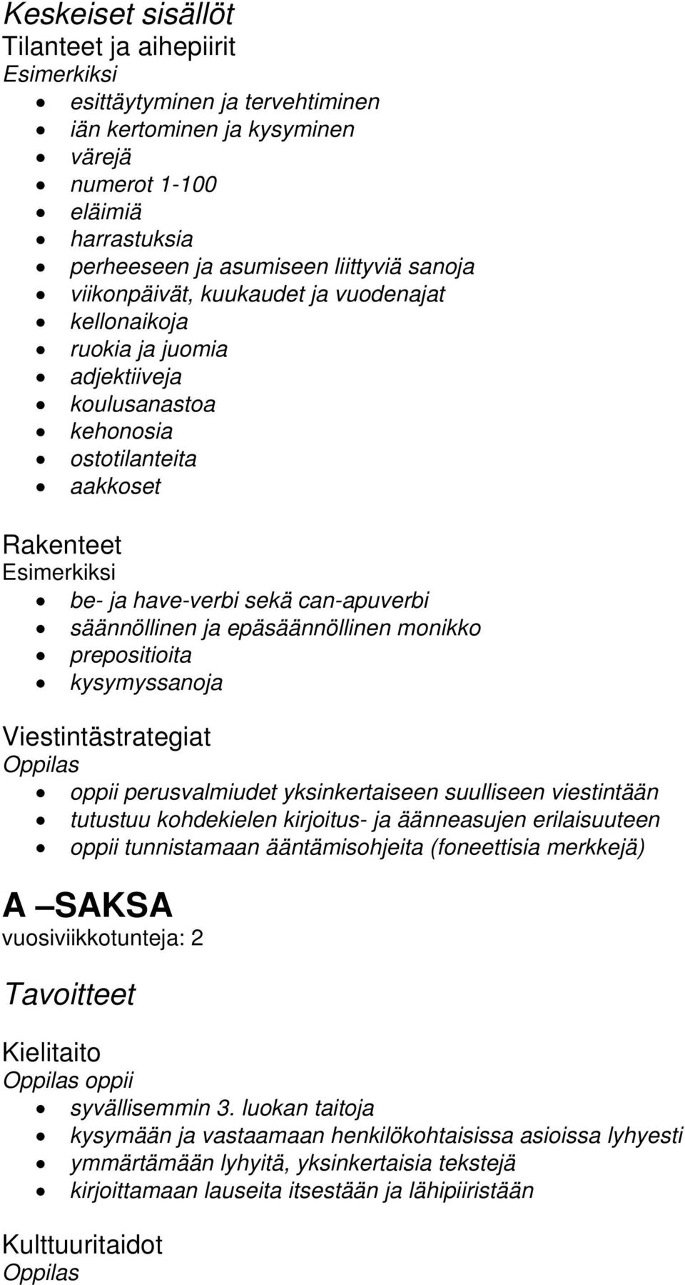 ja epäsäännöllinen monikko prepositioita kysymyssanoja Viestintästrategiat oppii perusvalmiudet yksinkertaiseen suulliseen viestintään tutustuu kohdekielen kirjoitus- ja äänneasujen erilaisuuteen