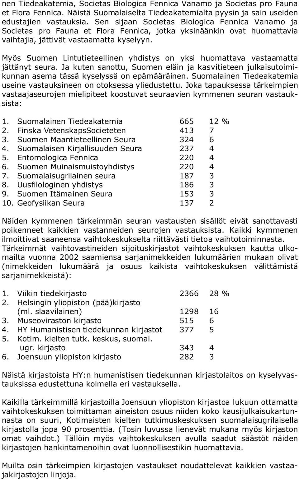 Myös Suomen Lintutieteellinen yhdistys on yksi huomattava vastaamatta jättänyt seura. Ja kuten sanottu, Suomen eläin ja kasvitieteen julkaisutoimikunnan asema tässä kyselyssä on epämääräinen.