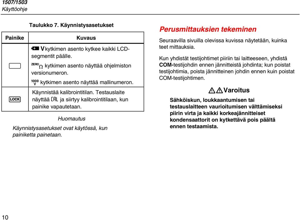 Huomautus Käynnistysasetukset ovat käytössä, kun painiketta painetaan. Perusmittauksien tekeminen Seuraavilla sivuilla olevissa kuvissa näytetään, kuinka teet mittauksia.