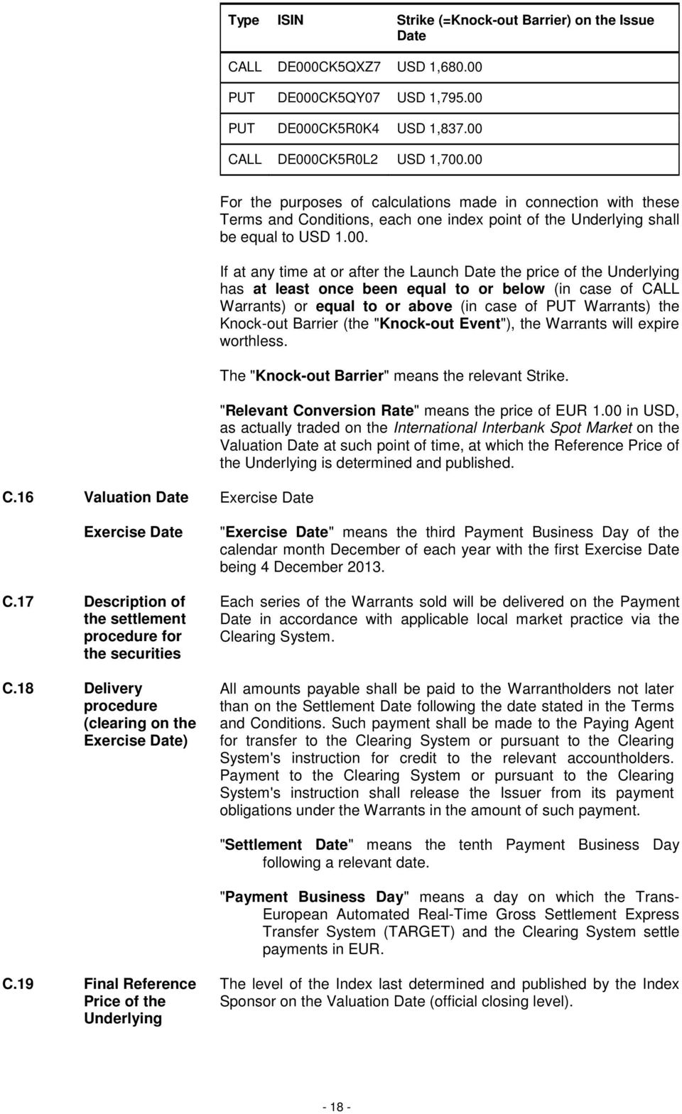 the price of the Underlying has at least once been equal to or below (in case of CALL Warrants) or equal to or above (in case of PUT Warrants) the Knock-out Barrier (the "Knock-out Event"), the