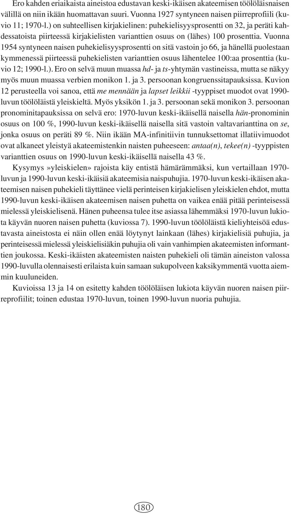 Vuonna 1954 naisen puhekielisyysprosentti on sitä vastoin jo 66, ja hänellä puolestaan kymmenessä piirteessä puhekielisten varianttien osuus lähentelee 100:aa prosenttia (kuvio 12; 1990-l.).