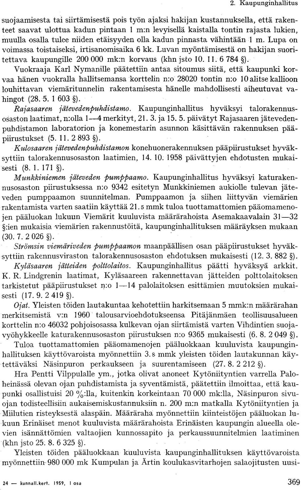 Luvan myöntämisestä on hakijan suoritettava kaupungille 200 000 mk:n korvaus (khn jsto 10. 11.6 784 ).