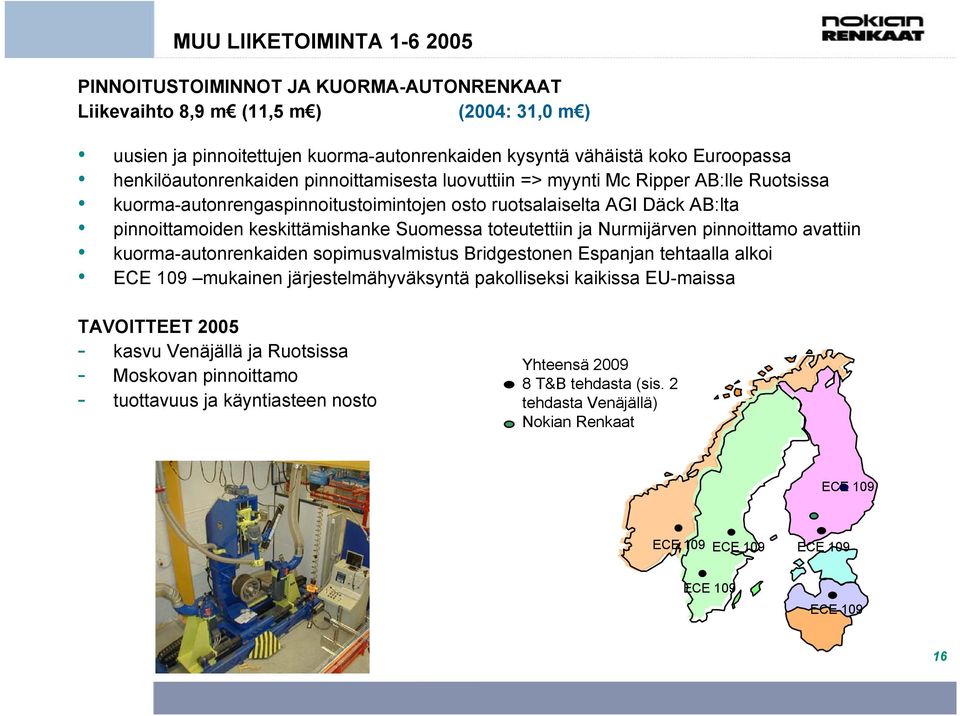 Suomessa toteutettiin ja Nurmijärven pinnoittamo avattiin kuorma-autonrenkaiden sopimusvalmistus Bridgestonen Espanjan tehtaalla alkoi ECE 109 mukainen järjestelmähyväksyntä pakolliseksi kaikissa