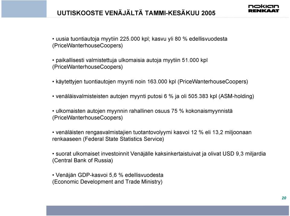 383 kpl (ASM-holding) ulkomaisten autojen myynnin rahallinen osuus 75 % kokonaismyynnistä (PriceWanterhouseCoopers) venäläisten rengasvalmistajien tuotantovolyymi kasvoi 12 % eli 13,2 miljoonaan