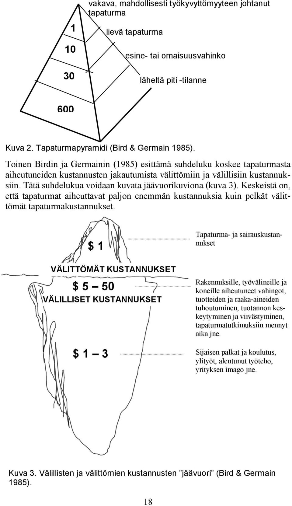 Tätä suhdelukua voidaan kuvata jäävuorikuviona (kuva 3). Keskeistä on, että tapaturmat aiheuttavat paljon enemmän kustannuksia kuin pelkät välittömät tapaturmakustannukset.