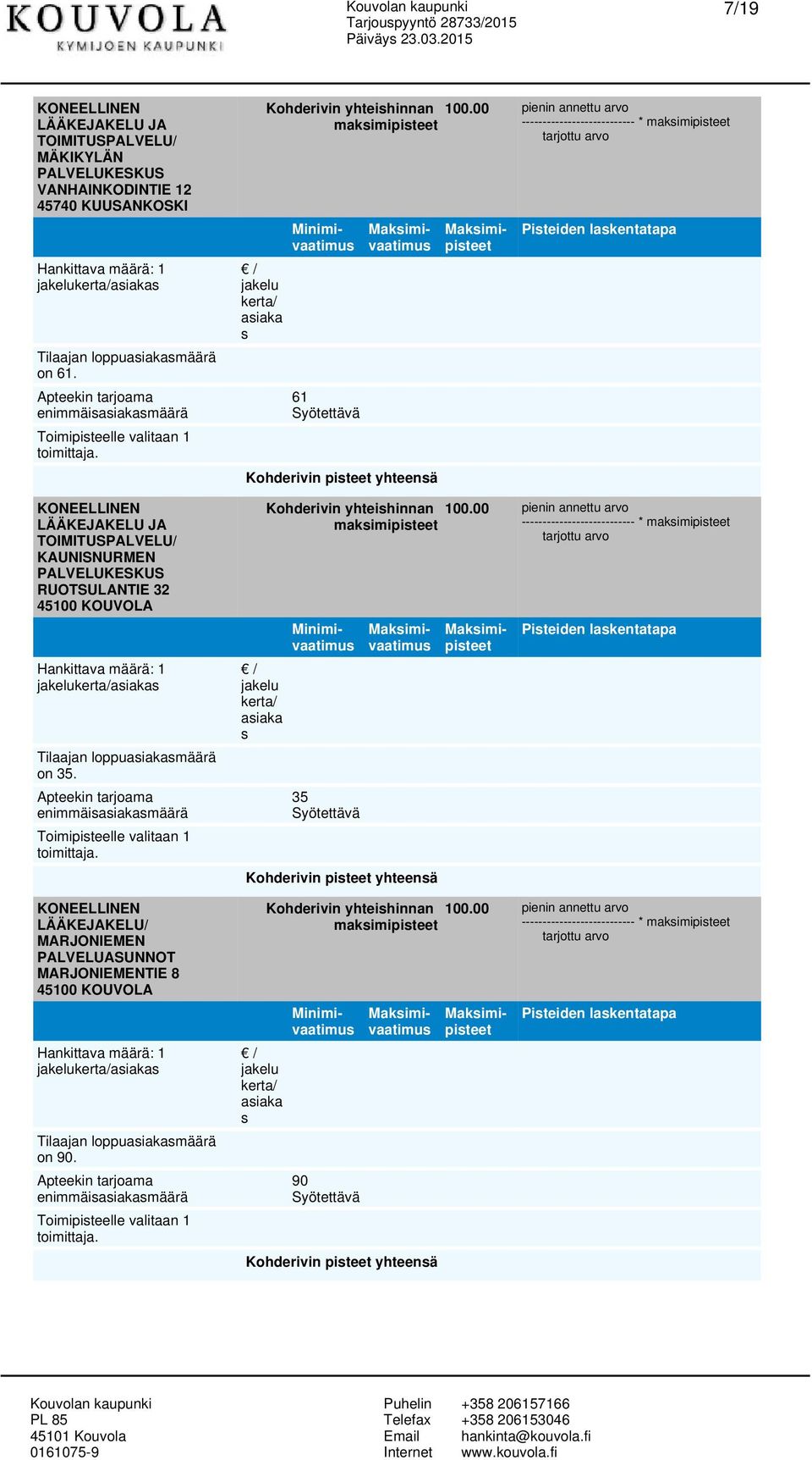 LÄÄKEJAKELU JA TOIMITUSPALVELU/ KAUNISNURMEN PALVELUKESKUS RUOTSULANTIE 32 45100 KOUVOLA Tilaajan loppuaiakamäärä on 35.