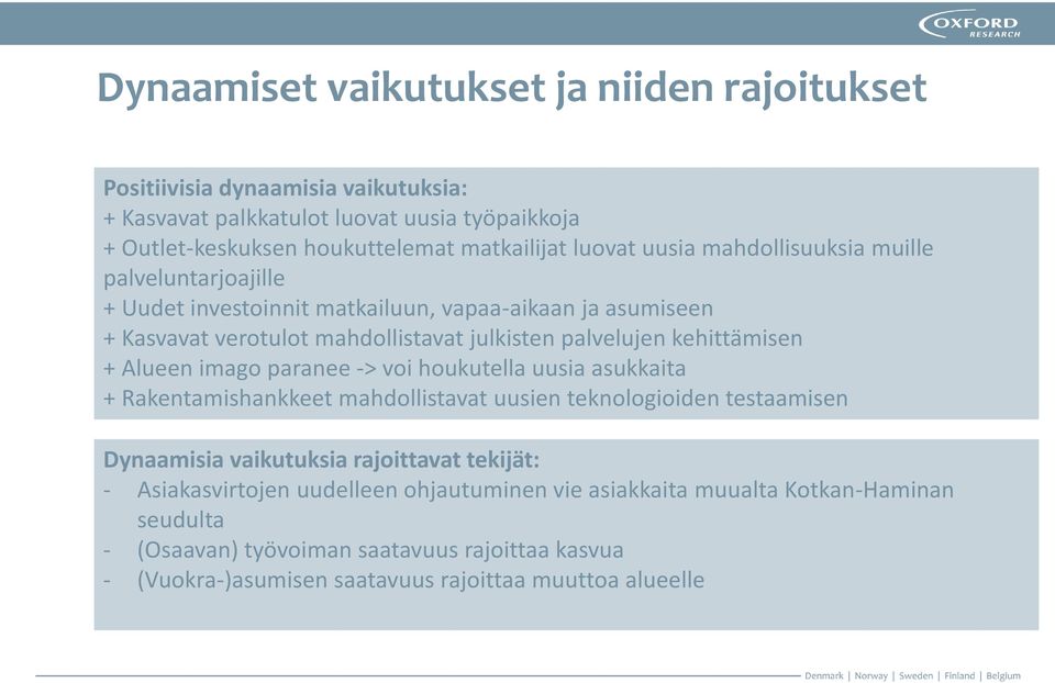 kehittämisen + Alueen imago paranee -> voi houkutella uusia asukkaita + Rakentamishankkeet mahdollistavat uusien teknologioiden testaamisen Dynaamisia vaikutuksia rajoittavat