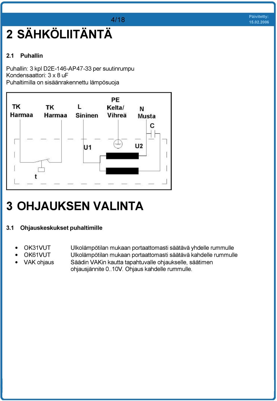 sisäänrakennettu lämpösuoja 3 OHJAUKSEN VALINTA 3.