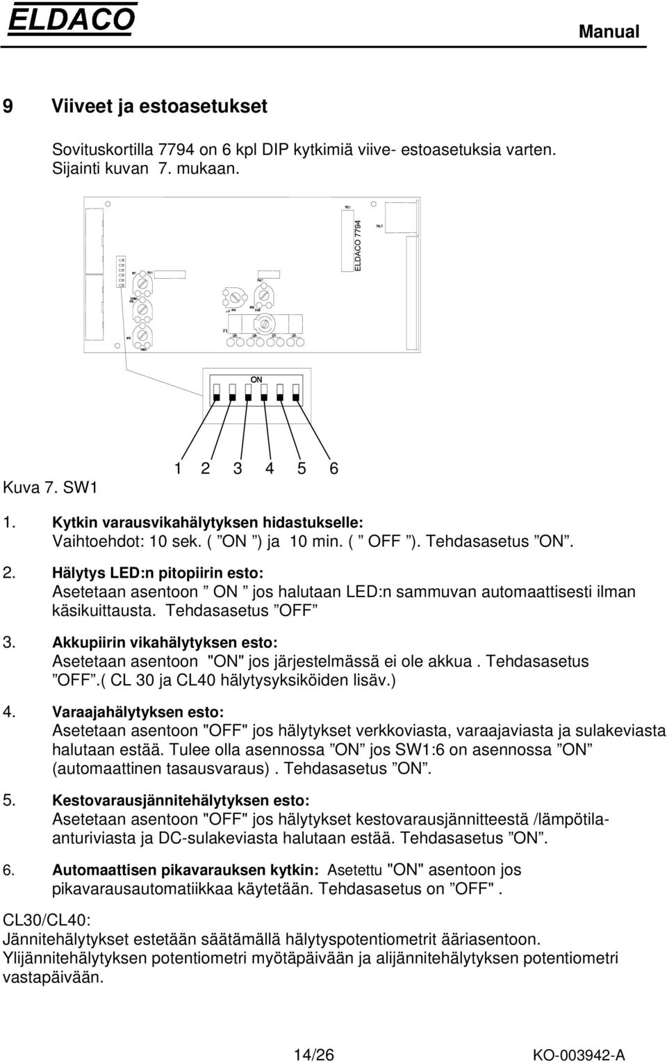 Hälytys LED:n pitopiirin esto: Asetetaan asentoon ON jos halutaan LED:n sammuvan automaattisesti ilman käsikuittausta. Tehdasasetus OFF 3.