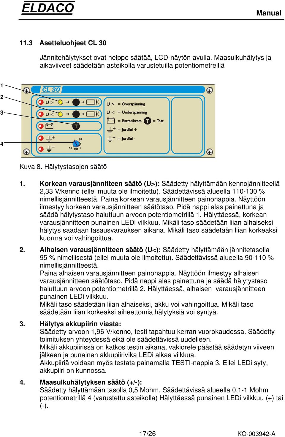 Korkean varausjännitteen säätö (U>): Säädetty hälyttämään kennojännitteellä 2,33 V/kenno (ellei muuta ole ilmoitettu). Säädettävissä alueella 110-130 % nimellisjännitteestä.