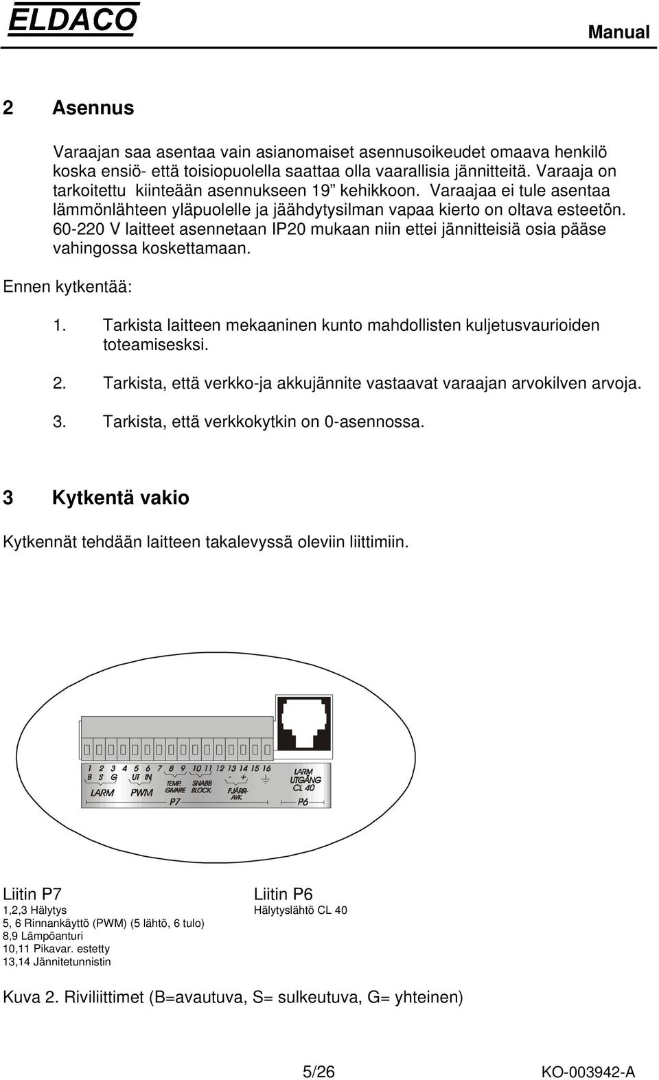 60-220 V laitteet asennetaan IP20 mukaan niin ettei jännitteisiä osia pääse vahingossa koskettamaan. Ennen kytkentää: 1.