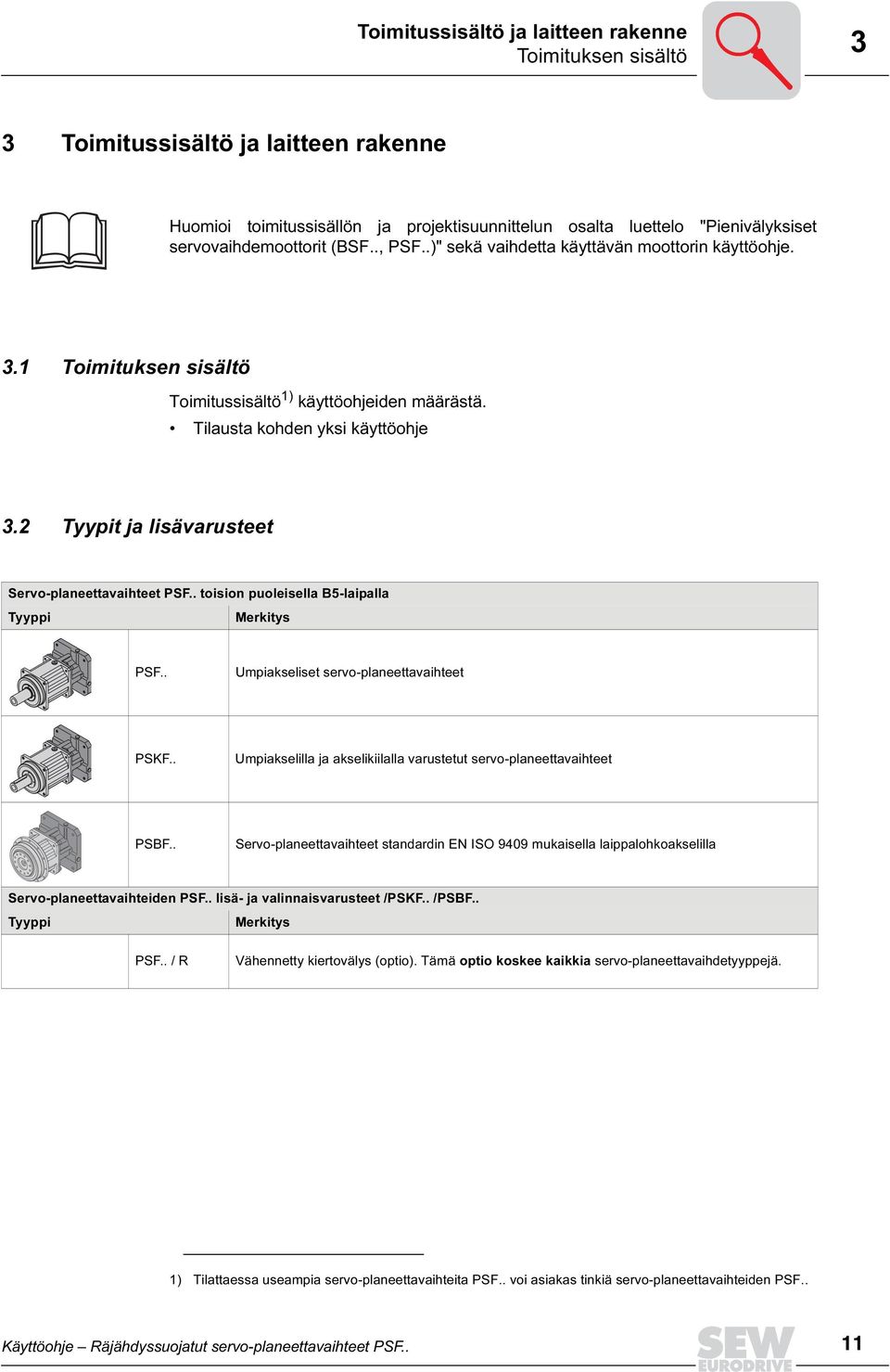 2 Tyypit ja lisävarusteet Servo-planeettavaihteet PSF.. toision puoleisella B5-laipalla Tyyppi Merkitys PSF.. Umpiakseliset servo-planeettavaihteet PSKF.