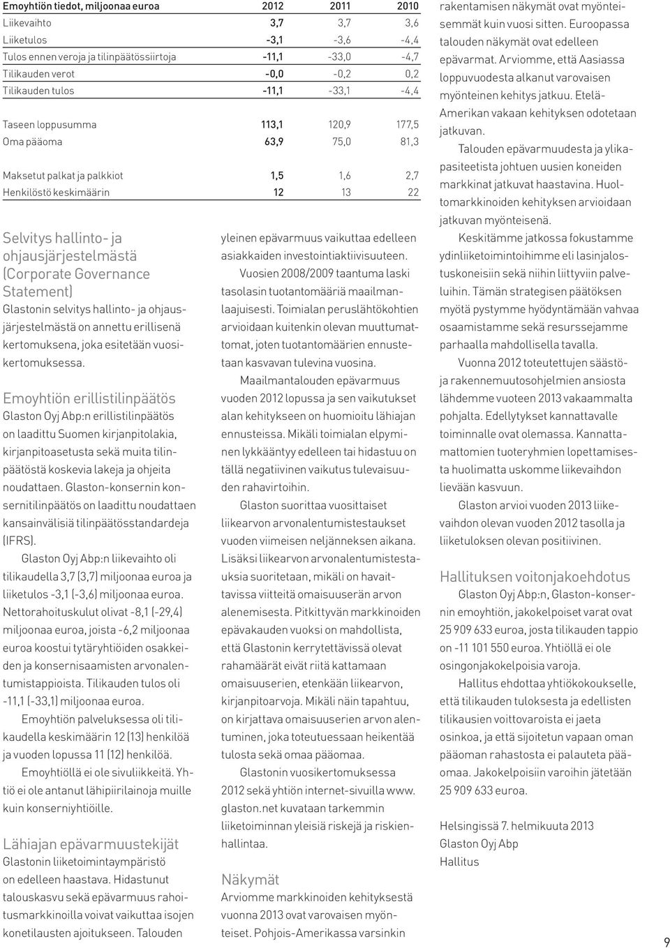 (Corporate Governance Statement) Glastonin selvitys hallinto- ja ohjausjärjestelmästä on annettu erillisenä kertomuksena, joka esitetään vuosikertomuksessa.