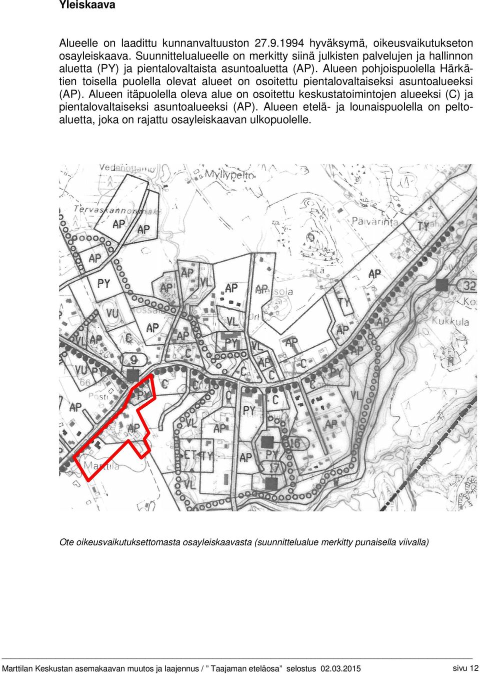 Alueen pohjoispuolella Härkätien toisella puolella olevat alueet on osoitettu pientalovaltaiseksi asuntoalueeksi (AP).