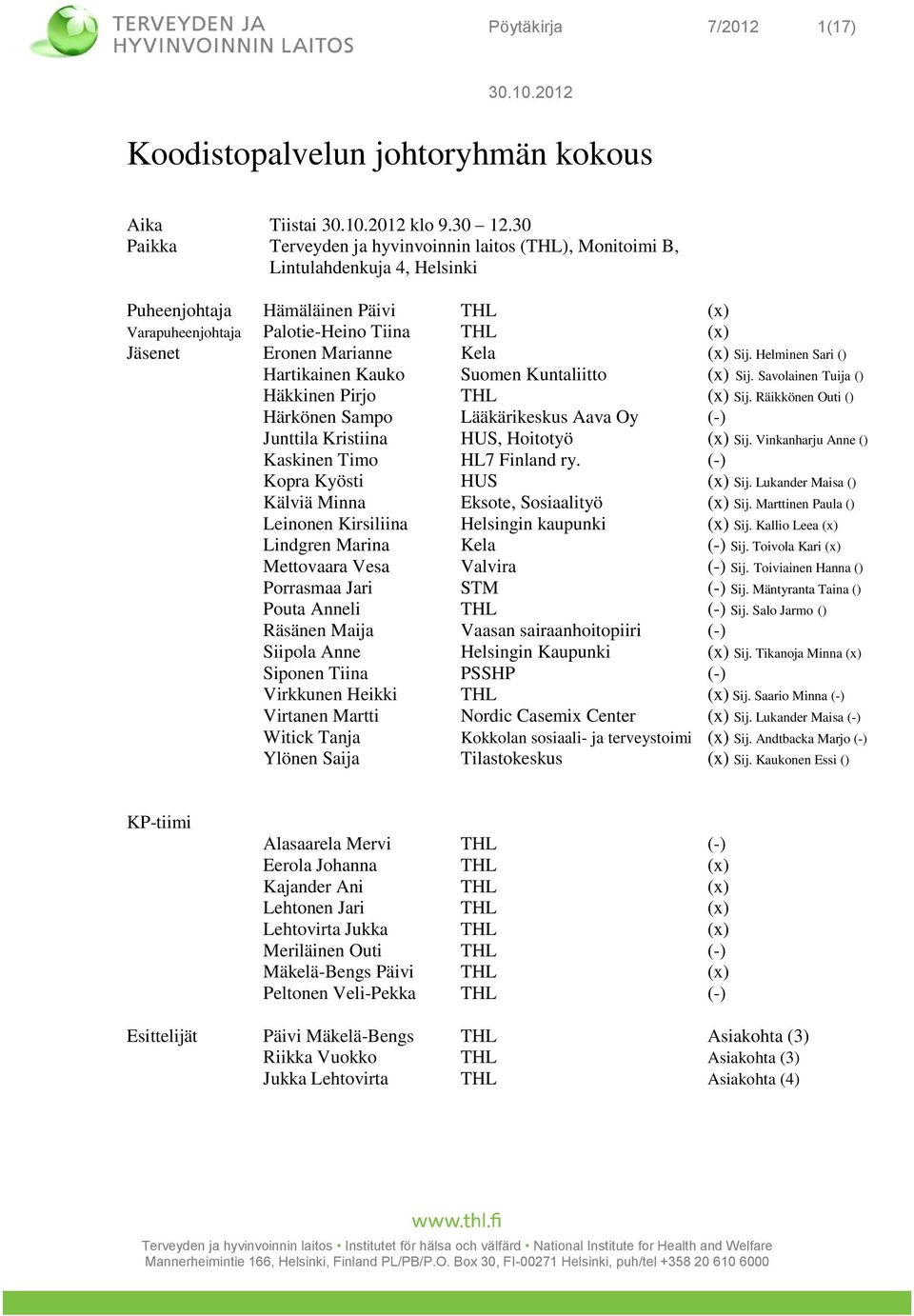 Kela (x) Sij. Helminen Sari () Hartikainen Kauko Suomen Kuntaliitto (x) Sij. Savolainen Tuija () Häkkinen Pirjo THL (x) Sij.