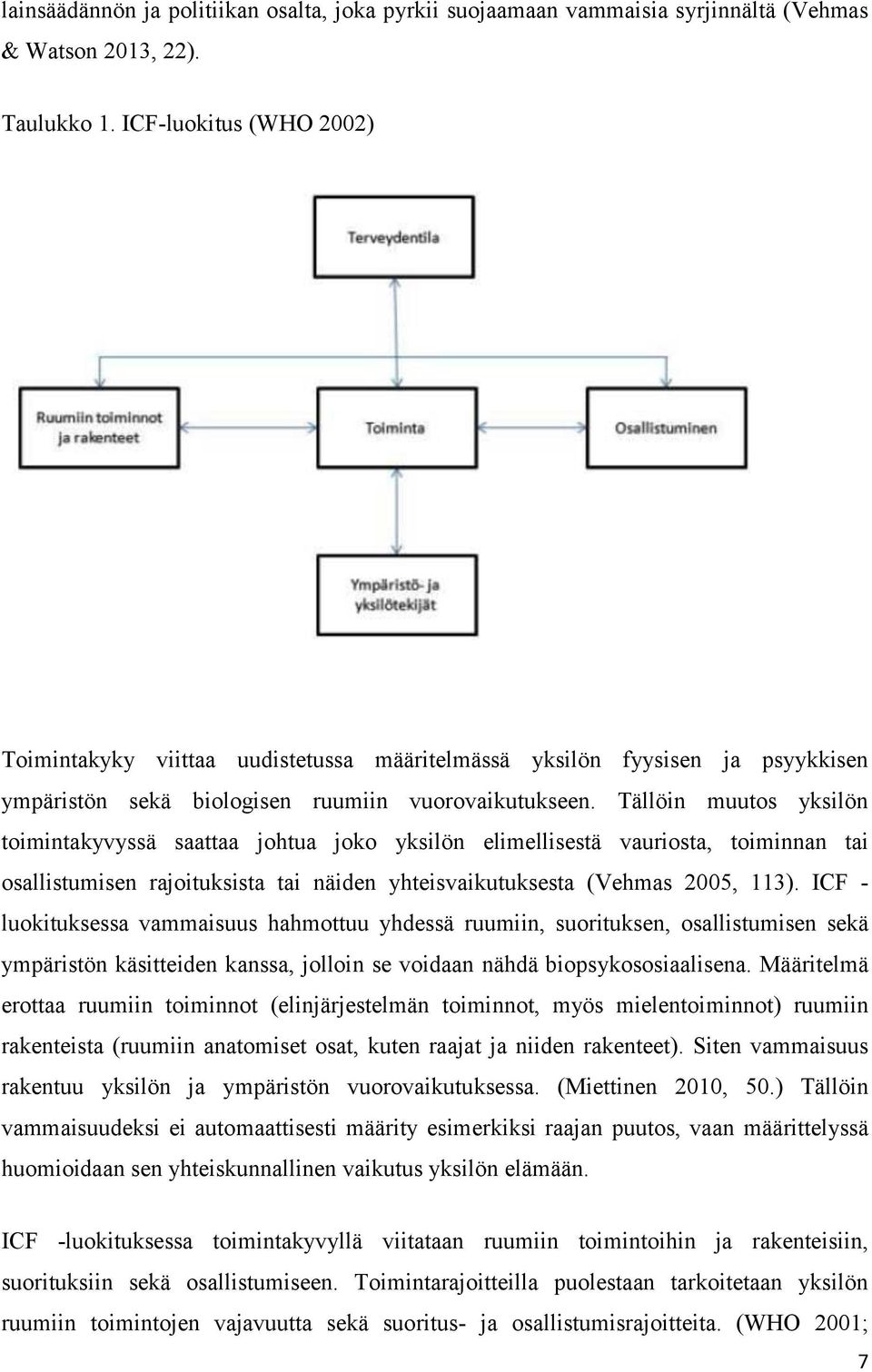 Tällöin muutos yksilön toimintakyvyssä saattaa johtua joko yksilön elimellisestä vauriosta, toiminnan tai osallistumisen rajoituksista tai näiden yhteisvaikutuksesta (Vehmas 2005, 113).