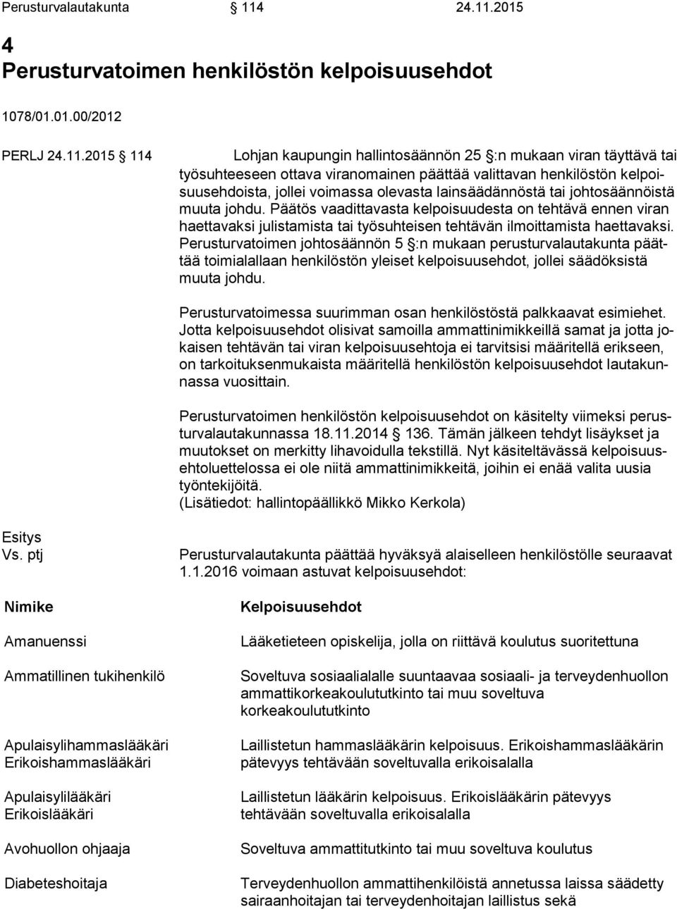 2015 4 Perusturvatoimen henkilöstön kelpoisuusehdot 1078/01.01.00/2012 PERLJ 2015 114 Lohjan kaupungin hallintosäännön 25 :n mukaan viran täyttävä tai työ suh tee seen ottava viranomainen päättää