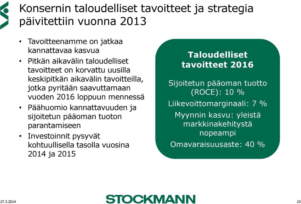 Päähuomio kannattavuuden ja sijoitetun pääoman tuoton parantamiseen Investoinnit pysyvät kohtuullisella tasolla vuosina 2014 ja 2015 Taloudelliset