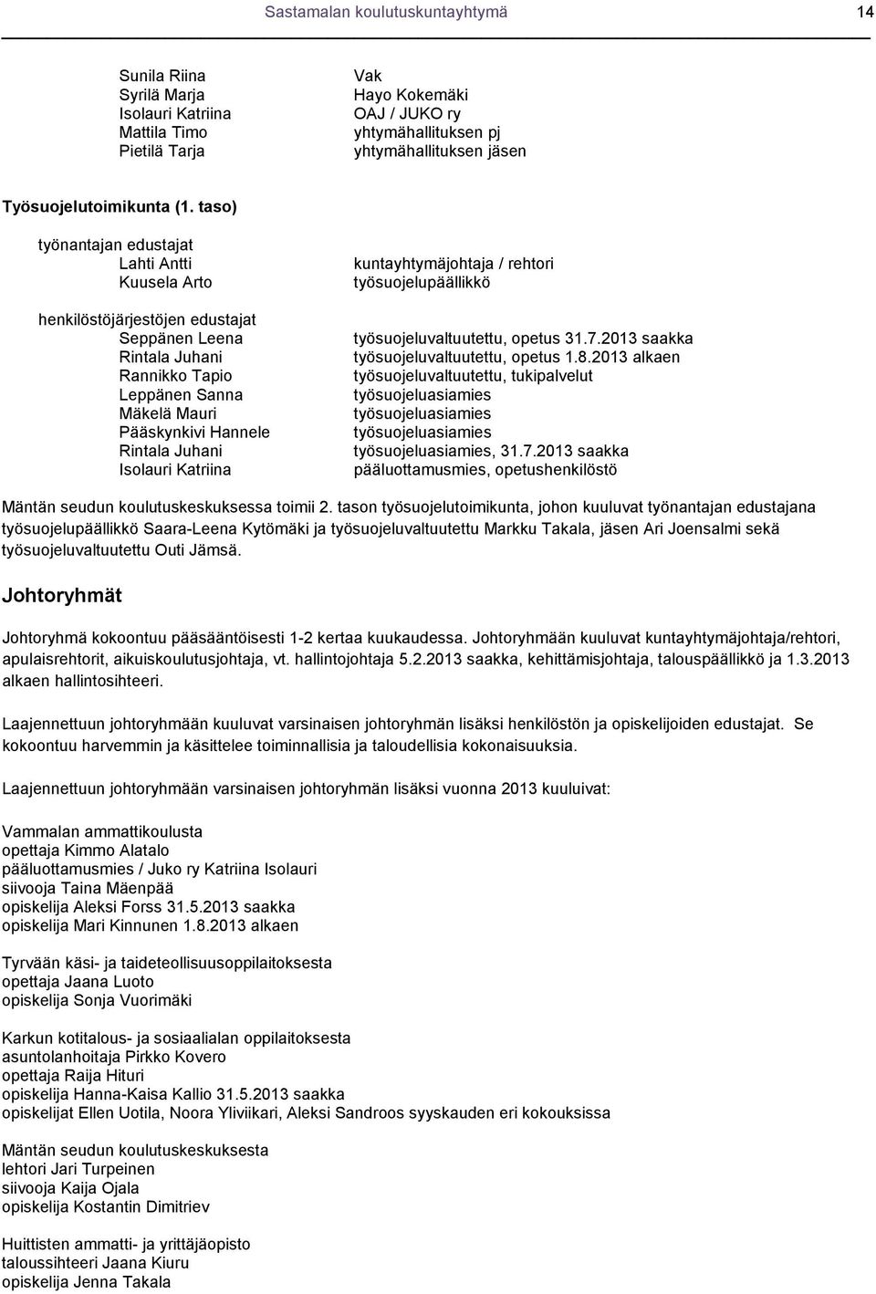 taso) työnantajan edustajat Lahti Antti Kuusela Arto henkilöstöjärjestöjen edustajat Seppänen Leena Rintala Juhani Rannikko Tapio Leppänen Sanna Mäkelä Mauri Pääskynkivi Hannele Rintala Juhani