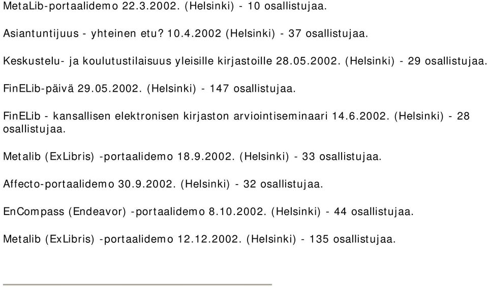 FinELib - kansallisen elektronisen kirjaston arviointiseminaari 14.6.2002. (Helsinki) - 28 osallistujaa. Metalib (ExLibris) -portaalidemo 18.9.2002. (Helsinki) - 33 osallistujaa.