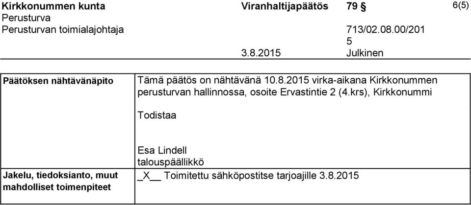 201 virka-aikana Kirkko num men perusturvan hallinnossa, osoite Ervastintie 2 (4.