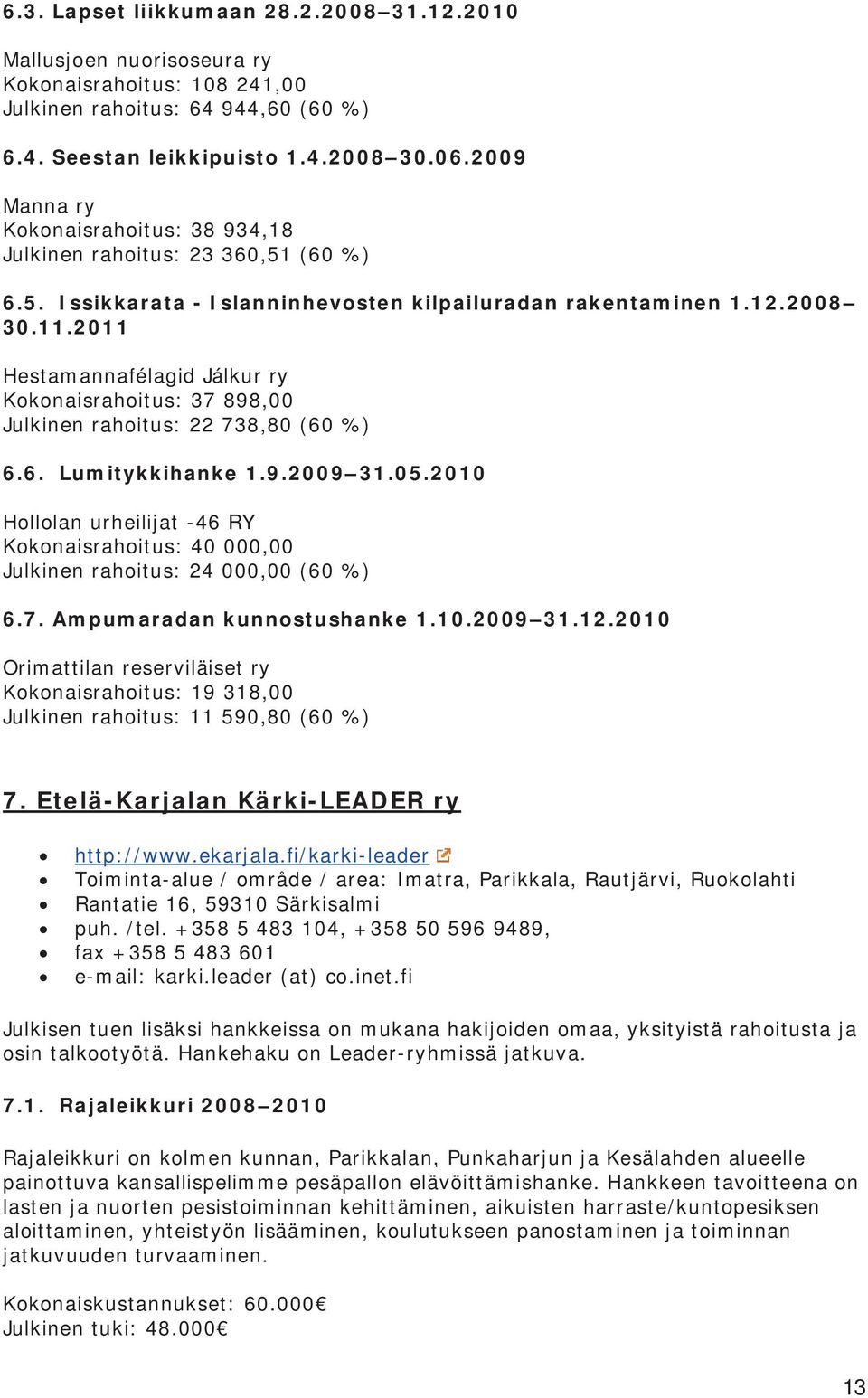 2011 Hestamannafélagid Jálkur ry Kokonaisrahoitus: 37 898,00 Julkinen rahoitus: 22 738,80 (60 %) 6.6. Lumitykkihanke 1.9.2009 31.05.