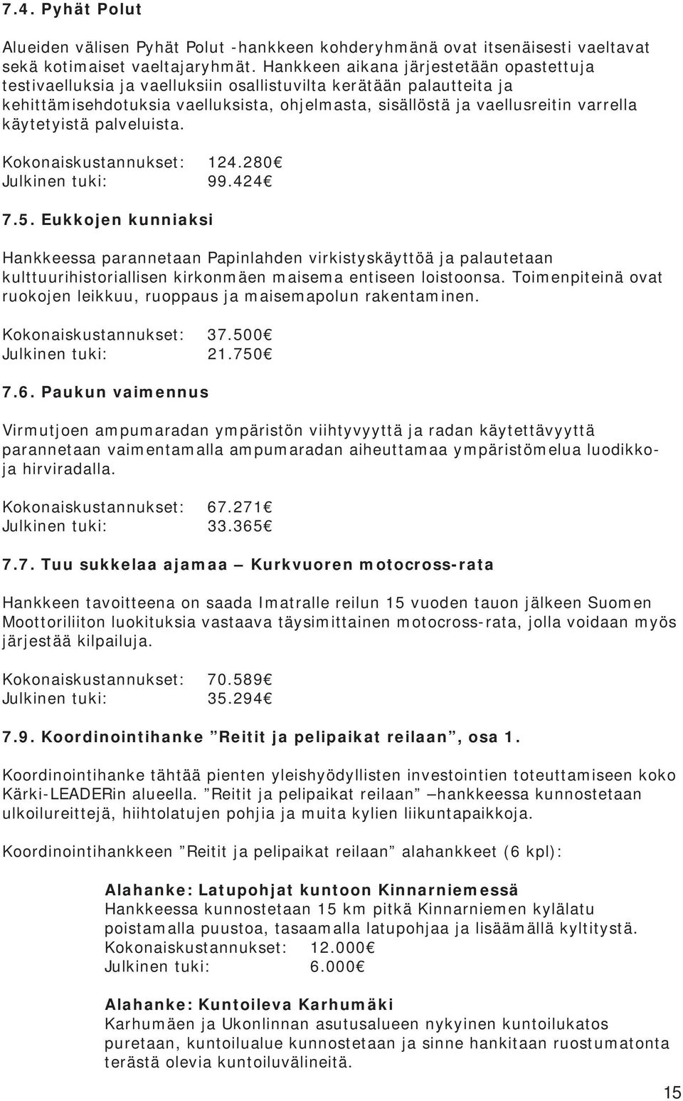 käytetyistä palveluista. Kokonaiskustannukset: 124.280 Julkinen tuki: 99.424 7.5.